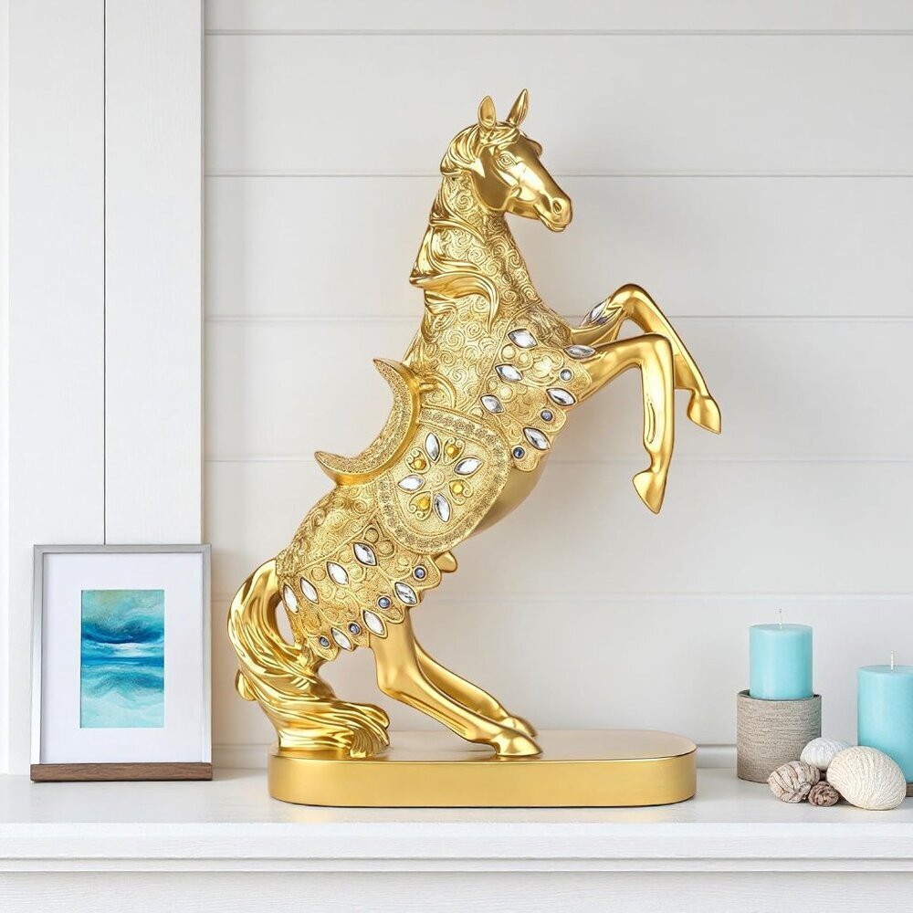 Gold Horse Standing Figurine Creative Statue Decorative Home & Office Figurine - Picture 3 of 7